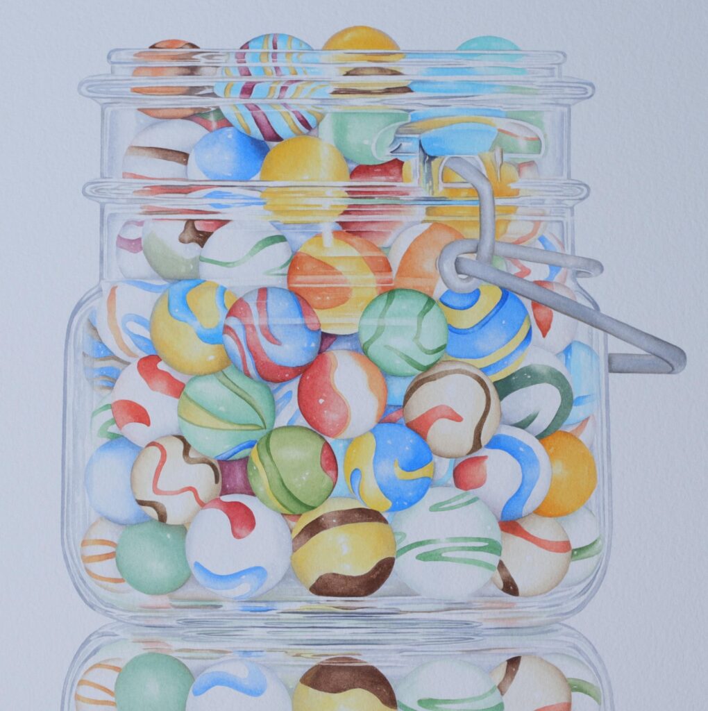 Painting by Elain Twiss of a mason jar filled with marbles