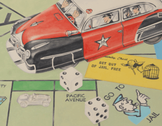 Painting by Elaine Twiss illustrating a police vehicle with police officers on top of a Monopoly gameboard focusing on the 