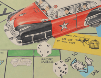 Painting by Elaine Twiss illustrating a police vehicle with police officers on top of a Monopoly gameboard focusing on the 