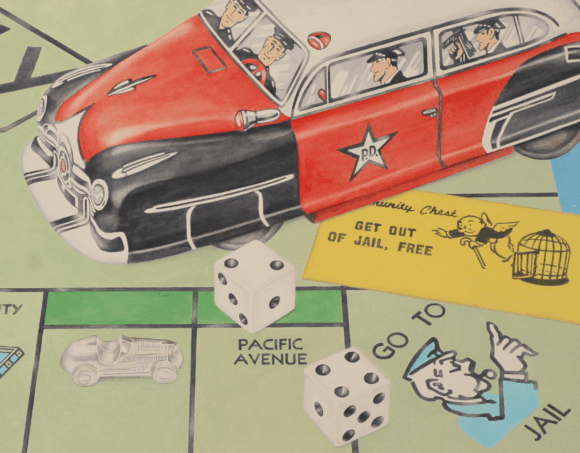 Painting by Elaine Twiss illustrating a police vehicle with police officers on top of a Monopoly gameboard focusing on the 