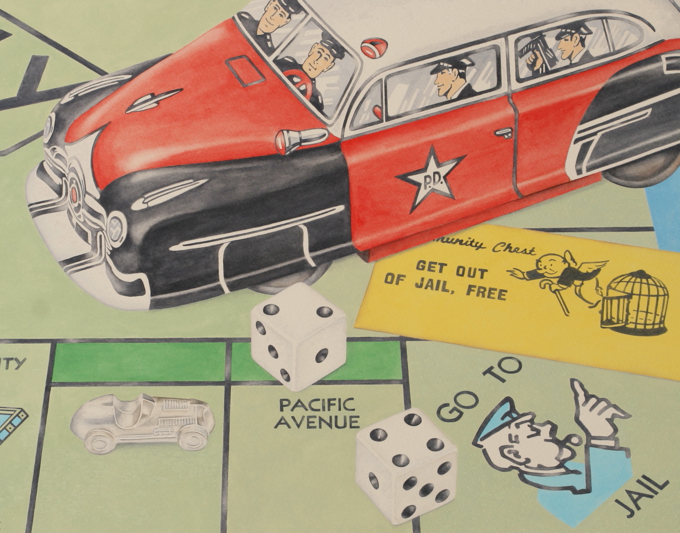 Painting by Elaine Twiss illustrating a police vehicle with police officers on top of a Monopoly gameboard focusing on the